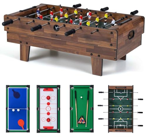 HOMASIS 4 en 1 Table de Jeu en Bois, pour Enfants et Adultes,Table de Baby-Foot avec Plateaux Empilables de Billard, Air Hockey, Baby-Foot, Tennis de Table pour Maison, Salle de Jeux (Marron)