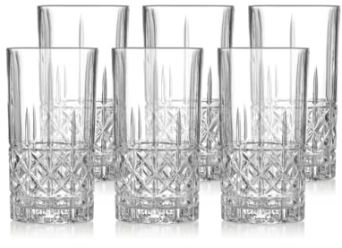 klink LONDON Camden Crystal Glass Highballs – Set of 6 Lead-Free Crystal Long Drink Glasses, 410ml Cross-Cut Geometric Cocktail & Water Glasses, Dishwasher Safe