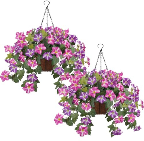 2Pcs Artificial Hanging Baskets Outdoor Artificial Flowers UV Resistant Fake Flower Faux Hanging Basket Silk Morning Glory Flower DIY Chain Hanging Basket for Garden Porch Home Decor (Purple Fuchsia)
