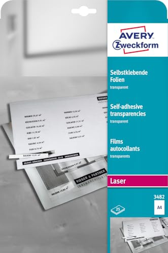 AVERY Zweckform 3482 Transparente Folien für Laserdrucker und Kopierer (25 selbstklebende Folien, A4, mattierte Oberfläche, hervorragend bezeichenbar, stapelverarbeitbar, Folienstärke 0,14mm)