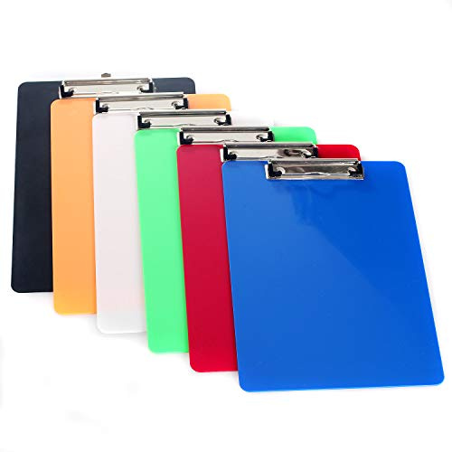 6er Klemmbrett A4 mit gummierter Metalklemme, Schreibbrett DIN A4 mit Aufhängeose, Pad Halter Clipboard - Unterbrett aus Kunststoff - Schreibblock Set mit 6 Farben - TKD8022