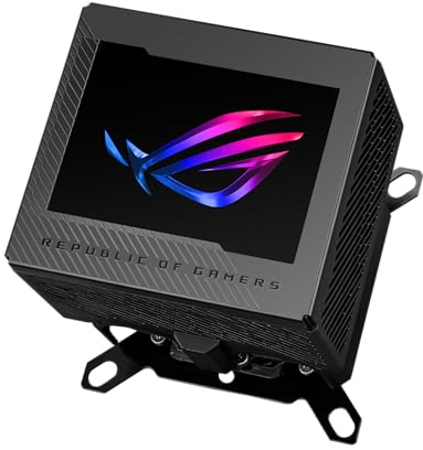 ASUS ROG Ryujin III WB CPU water block with full colour 3.5 inch LCD screen, embedded VRM fan, 178 micro cooling fins and copper alloy cold plate cooling technology by Asetek, and ROG fittings, Black