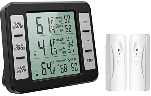 KeeKit Refrigerator Thermometer, Indoor Outdoor Thermometer with 2 Sensors, Wireless Digital Freezer Thermometer with Audible Alarm Temperature Gauge, Min/Max Record for Home, Kitchen