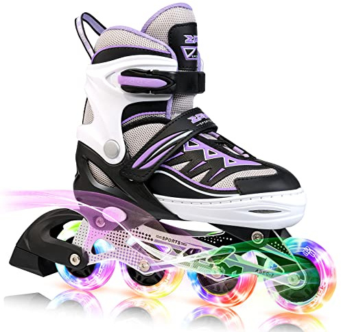 2PM SPORTS Cytia Pink Girls Adjustable Illuminating Inline Skates with Light up Wheels, Fun Flashing Beginner Roller Skates for Kids (Purple, Medium - Big Kid (13C-3 US))
