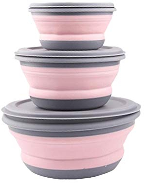 BSTCAR 3 ciotole pieghevoli con coperchio, rotonde, in silicone, per campeggio, escursioni, cucina, scuola all'aperto