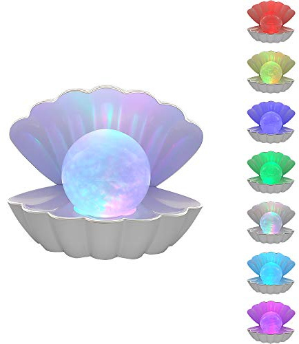 LKUA Shell Pearl Beach Themed Night Light, RGB 8 Colors Changing Mood Shell Pearl Lamps, Bedside LED Clamshell Portable Night Lights for Bar (White)
