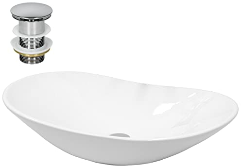 ECD Germany Design Waschbecken Waschtisch 640x365x130 mm inkl. Ablaufgarnitur für Waschbecken ohne Überlauf - Keramik Weiß Aufsatzbecken Aufsatzwaschbecken Waschschale Aufsatzwaschtisch Spülbecken