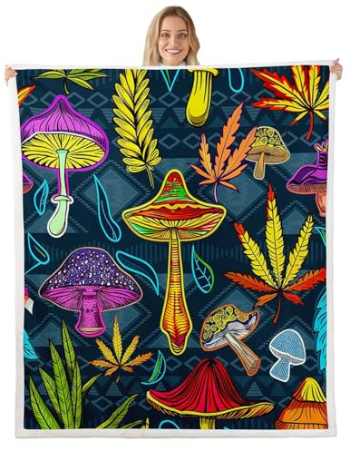 Mushrooms Marijuana Sherpa Blanket Marijuana Weed Leaf Fleece Throw Blanket Cannabis Leaves Trippy Botanical Plush Blanket for Bed Couch Sofa Women Men Bedroom Decor Fuzzy Blanket Queen 90x90
