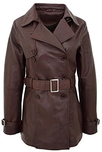 Womens vera pelle doppio petto metà lunghezza Trench cappotto Sienna Marrone 42