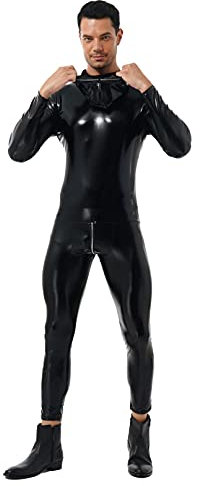 iiniim Wetlook för män, jumpsuit, långärmad body, overall, metallisk helkroppsdräkt, en del, bodysuit, GOGOGO fest, klubbkläder, B svart, S