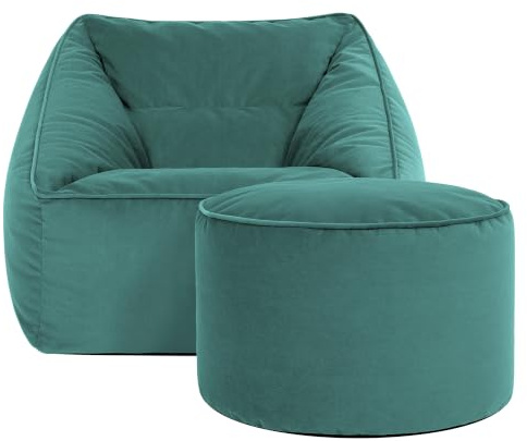 Icon Natalia Sitzsack Sessel mit Sitzpuff für Erwachsene, Blaugrün, Flauschiger Samtstoff, Riesen Sitzsack Samt mit Füllung, Bean Bag Chair, Bequemer Sessel Wohnzimmer, Lounge, Schlafzimmer, Büro