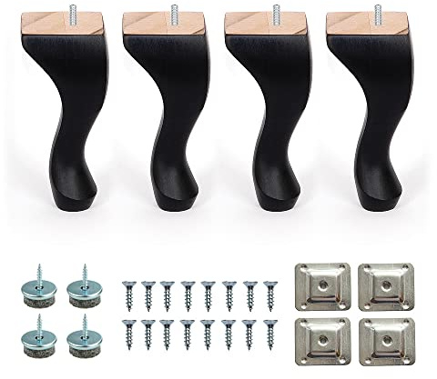 Britwood 7'' Queen Anne Wooden Furniture Replacement Legs Black M8 Thread With Level Mounting Plates Protective Felt Pads Set Of 4 Replacement Legs For Sofa Cabinet Footstool Chair Bed Ottoman