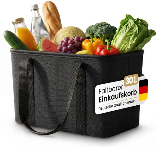 Selinchen® faltbarer Einkaufskorb |30L|flexible Tragetasche |15kg belastbar | 41x27x26cm, bis 15kg belastbar, Oxford 600D-Stoff, Veganlederrand, weiche Haptik, 5cm Faltmaß, 5 Farben, Einkaufstasche