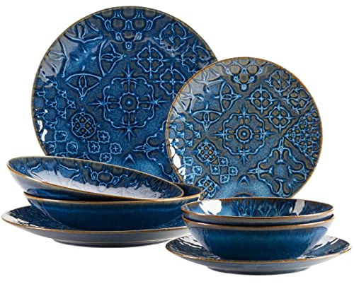 MÄSER Tiles 935078 - Set di stoviglie vintage moderno per 2 persone, design moresco, 8 pezzi, con piatti e ciotole in ceramica di alta qualità, colore: Blu