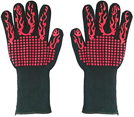 Grillhandschuhe, rutschfeste Silikon-Grillhandschuhe, hitzebeständig bis 800 °C, Kochen, Backen, feuerfeste Handschuhe, 1 Paar, rote Fackel