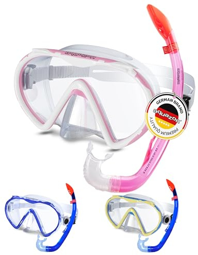 AQUAZON Korfu Hochwertiges Schnorchelset, Tauchset, Schwimmset, Schnorchelbrille mit Tempered Glas, Schnorchel mit semi Dry top für Kinder, Jugendliche Von 7-12 Jahren, Farbe:pink-weiß