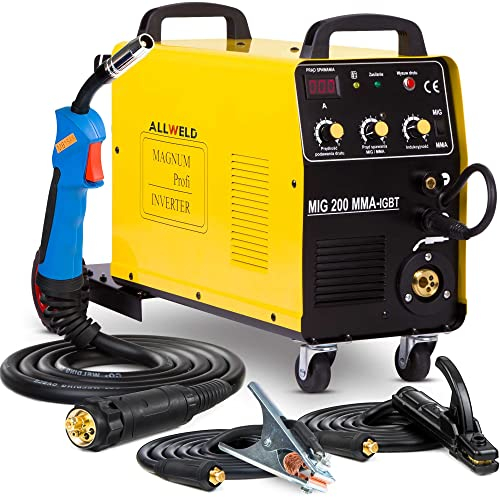 MIG 200 KN - 200A MIG MAG Schweißgerät mit Schutzgas und Fülldraht - mit Induktivität, Lötschweißen und MMA-Schweißmodi - Schutzgasschweißgerät mit Fahrwerk - Set:Solo