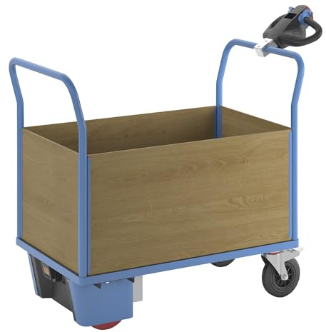 eurokraft | Plattformwagen mit Elektroantrieb | 4 hohe MDF-Wände | LxBxH 1420 x 700 x 1300 mm