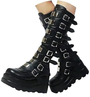 tinbarry Bottes Femme Bottes D'hiver Hautes Bottes Gothiques Punk à Plateforme Bottes Compensées en Cuir PU Bottines Compensées Vintage Bottes de Combat à Talons Blocs Boots à Fermeture éclair