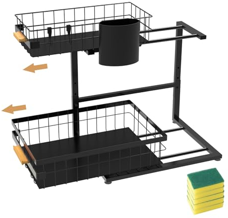 Faumsut Organiseur sous évier, 2 niveaux de rangement sous évier, étagère coulissante en métal pour cuisine, salle de bain, garde-manger, placard