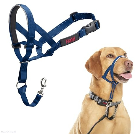 HALTI Headcollar - För att hindra din hund från att dra i kopplet. Justerbar och lätt, med vadderat näsband. Anti-draghalsband för hundträning för medelstora hundar (Storlek 3, Koboltblå)