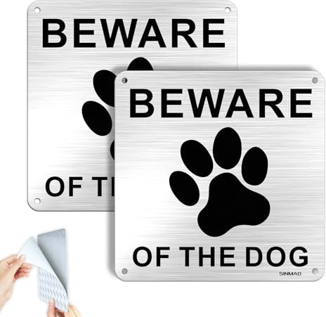 SINMAO Letrero de metal cepillado con texto en inglés Beware of the Dog, 15 x 15 cm, autoadhesivo, también con agujeros preperforados para puerta al aire libre, color plateado, paquete de 2
