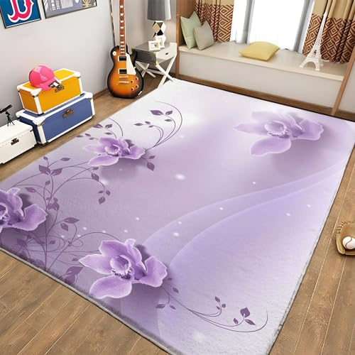 Lila Teppiche Gegend Lila Orchidee Teppich Wohnzimmer 80 x 150cm Waschbarer Teppich Kurzflor Teppich Anti-Rutsch Unterseite Heimdeko für Schlafzimmer