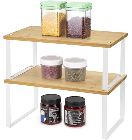 QIWODE Set di 2 mensole espandibili per armadietti, impilabili, ripiani per cucina, dispensa, portaspezie, in metallo e bambù naturale