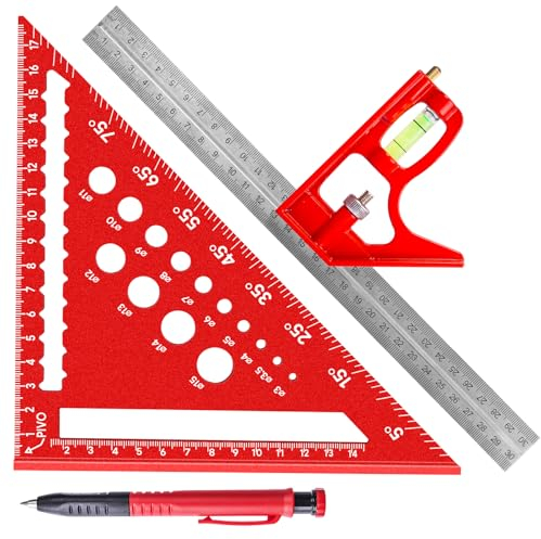 FANTICDE Zimmermannswinkel Set, 180mm Metrisches Dreieckslineal, Kombinationswinkel 300mm mit Wasserwaage und Anreissnadel, Anschlagwinkel für DIY, Holzarbeiten, Heimarbeit, Präzisen Anreißen