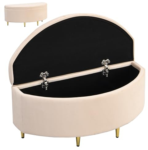 SYNKOWN Polsterbank mit Stauraum,Truhenbank mit Samt,Bettbank mit Stauraum,Sitztruhe mit Metallbeinen,geeignet für Flur,Wohnzimmer und Schlafzimmer,90 x 40 x 42 cm,Elegantes Design,einfach (Beige)