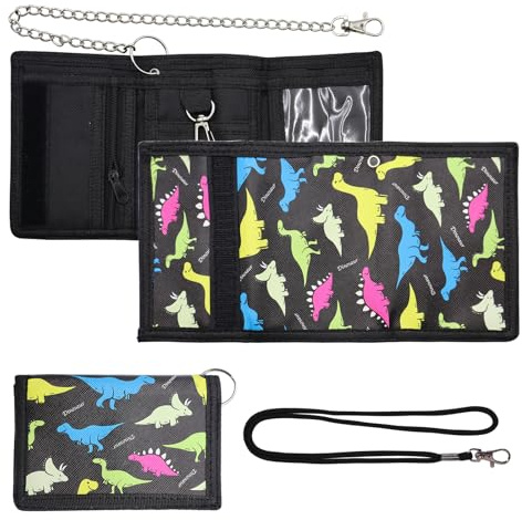 CONNECTION Dinosaure Portefeuille Enfant Trifold Portefeuille pour Enfants avec Cordon de Serrage et Chaîne en Métal Porte Monnaie Enfant Pliable pour Garçon Enfants Filles Adolescents (Noir)