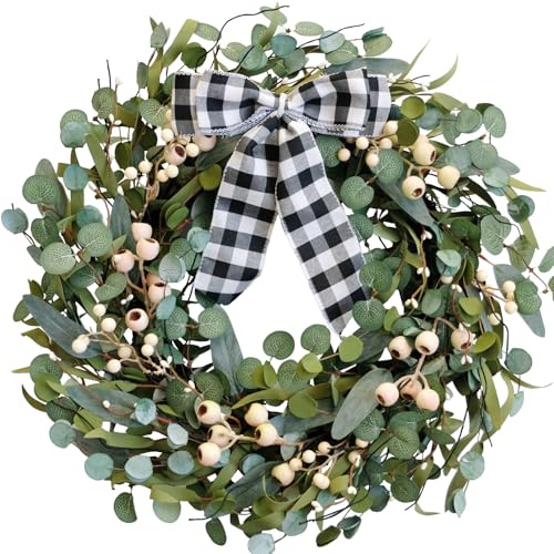 CIR OASES Artificial Spring/Summer Wreath 24 Inch Evergreen Wreaths for Front Door Eucalyptus Wreath with Berries for Outside All Seasons Indoor Outdoor Decor