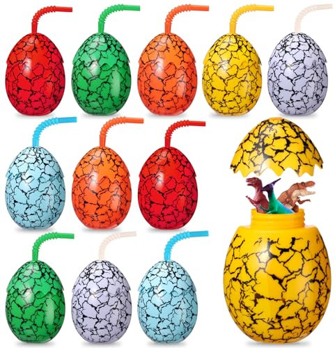 Maxcheck 12 Set Dinosaur Party Favor Cups with Lids and Straws Dino Cups for Kids 10 oz Crack Dinosaur Egg Bottles for Dino Theme Birthday Party Supplies Decorations