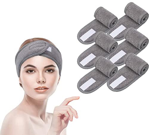 6 Stück GrauKosmetik Haarband mit Klettverschluss，verstellbares Make-up-Stirnband, für Duschen,Make Up，SPA Kosmetik Stirnband Frottee Haarschutzband