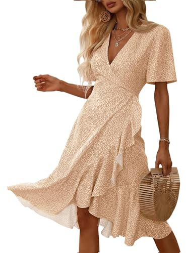 Imily Bela Damen Sommerkleid Kurzarm Wickelkleid mit Blumen V-Ausschnitt Wrap Kleid(Champagnerfarbe，S)