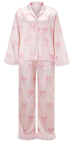 FeMereina Ensemble de pyjama pour femme avec bordure de plumes pour les vacances, imprimé mignon avec nœud, en satin de soie, ensemble de 2 pièces avec chemises à manches longues et pantalon de pyjama