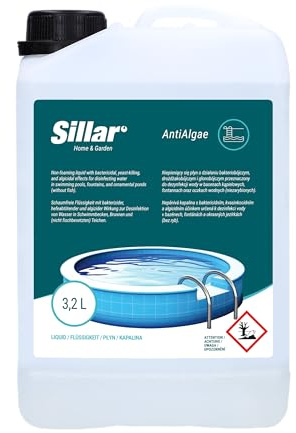 Sillar Flüssiger Algenvernichter 3.2L – Desinfektionsmittel für Pools, Springbrunnen & Teiche ohne Fischbesatz – gegen Algen, Biofilme, Bakterien & Pilze – wasserklärend & Nicht schäumend