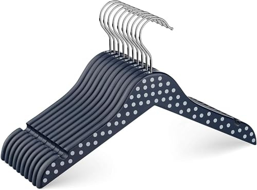 10 Pack High-Grade Wooden Childrens Hangers, Cute and Durable Baby Hangers, 360° Swivel Hook & Dress Notches for Clothes & Dresses, 32cm Wide (Blue/Polka Dots)