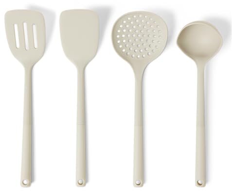 Amazon Basics Silicone Cooking Spoon and Ladle Set, 4-Piece Set, Soft Grip Handle, BPA-Free, Dishwasher-Safe, Linen Gray
