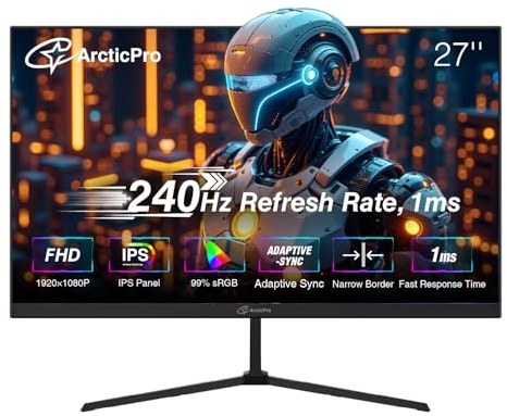 ArcticPro 27 inch Gaming Monitor 240Hz, FHD 1080p, IPS Panel, 1ms Response Time, Adaptive sync, PC Computer Monitor, 3-Sided Frameless, Ultra Slim, 120% sRGB, Bluelight Filter, HDMI & DP Ports,Black