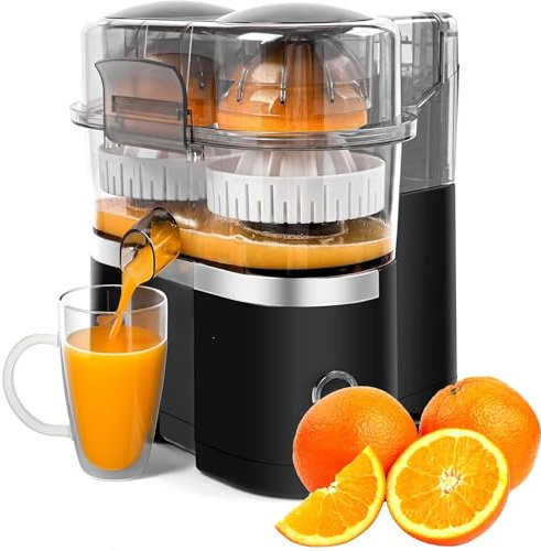 Exprimidor Eléctrico de Cítricos, Exprimidor Automático Dual de Naranja y Limón con Cortador de Cítricos Incorporado, Fácil de Limpiar, Exprimidor Eléctrico de Frutas 2 en 1 con Cepillo Limpiador
