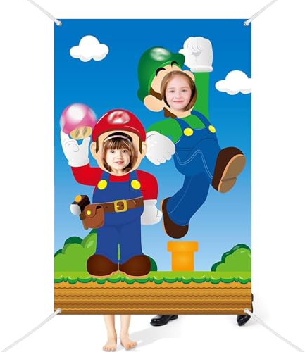 Mario Toile de Fond, Photographie Parti Décoration de Fond de Cartoon, Accessoires de Photo pour Enfants Fête d'anniversaire, Fond Photo Décoration de Fête, pour Anniversaire Parti et Photographie