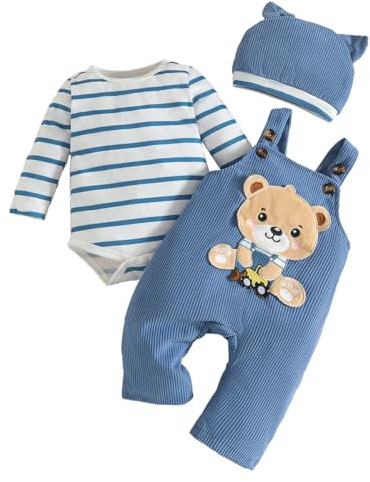LUVCES Babykläder för pojkar, långärmad randig sparkdräkt + söta hängslen, overall med tecknade djur mössa för pojkar, 3 st, höstoutfit 0–18 månader, A: 3 st blå randig björn, 6-12 Jahre