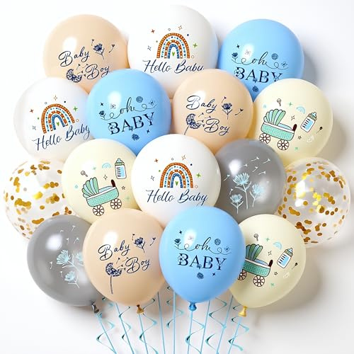 Baby Shower Luftballons Junge Set - 54 Stück Blau Grau Creme Oh Baby Regenbogen Motiven Konfetti Ballons, Willkommen Zuhause Babyparty Geburt Taufe Gender Reveal Deko