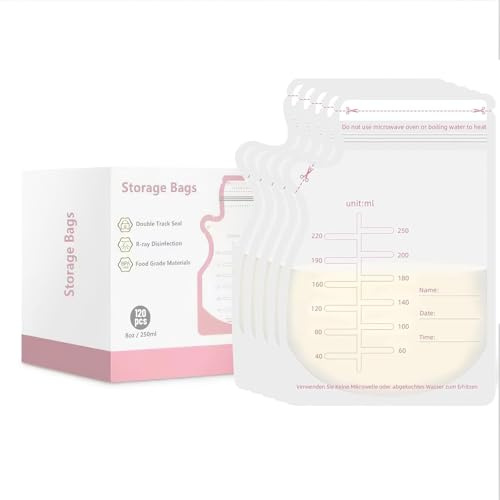 Bizcasa Sachets de Congélation Lait Maternel 250mL - Lot de 120, Sans BPA, Conception Anti-fuite, Double Glissière de Sécurité, Sac Congelation Lait Maternel (120 Pcs × 250mL (Lot de 1))