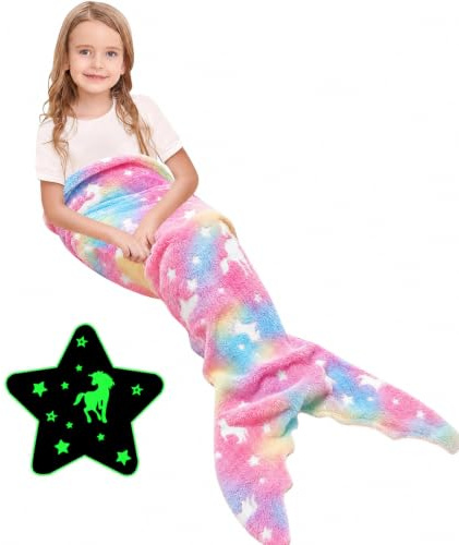 Ranedo Couverture queue de sirène pour fille - Brille dans le noir - Couverture en flanelle douce pour filles - Couverture douillette portable pour enfants et adolescents - 140 × 60 cm - Rose
