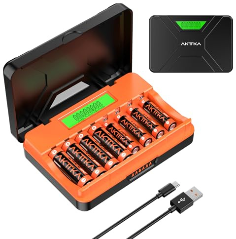 AKTTKA - Cargador de Pilas de 8 Ranuras, con 4 Pilas Recargables AA de 2400 mAh y 4 Pilas AAA 1100 mAh Ni-MH 1,2 V, con Cable de Carga Tipo C