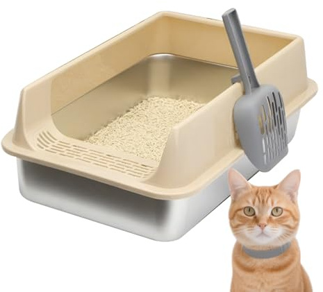 Caja de Arena Grande para Gatos | Caja de Arena para Gatos | Bandeja Grande de Acero Inoxidable con Cuchara, Suministros para Mascotas para Control de olores en Interiores, Gatitos, hogar, Sala de