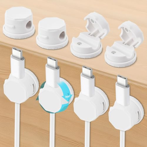 8 Piezas Clip de Cable de Resorte, 360° Giratorios Organizador de Cables Autoadhesivo, Gestión de Cables para Escritorio, Coche, Mesita de Noche y Oficina, Carga, HDMI, USB
