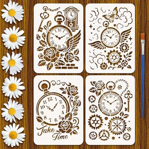 FINGERINSPIRE 4 Stile Vintage Zahnrad Uhrenschablonen Mit Einem Pinsel 29.7x21cm 4 Stile Kreative Uhren Malschablonen Flügel Rosen Blumen Wörter Schlüssel PET Vorlage Für Holzboden Wandfliesen Stoff